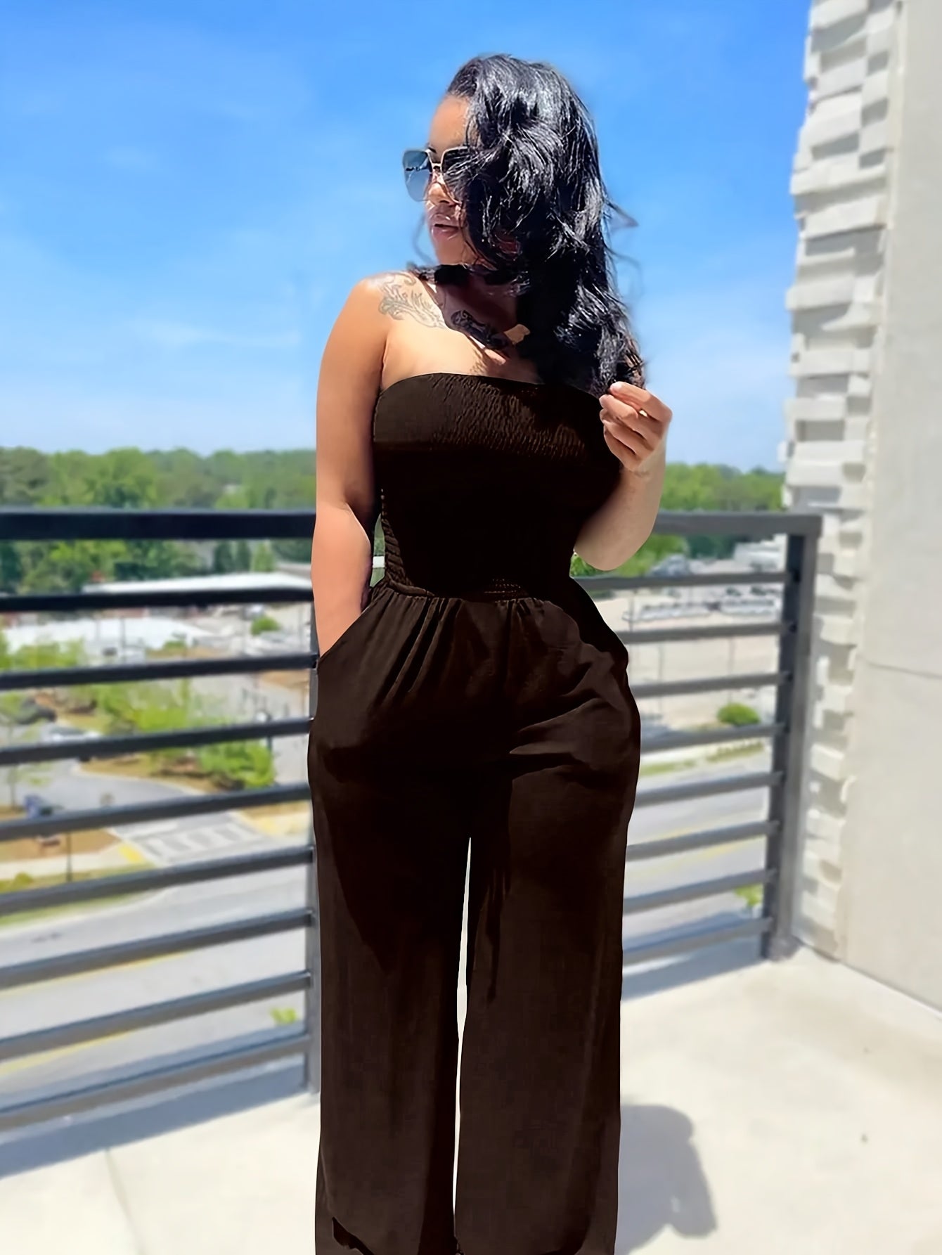 Women's Fashion Plain Color Tube Dress with Matching Pants